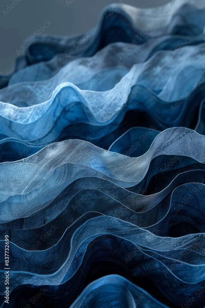 Fototapete thin, undulating lines in a gradient of blue and grey, creating an elegant wave pattern,