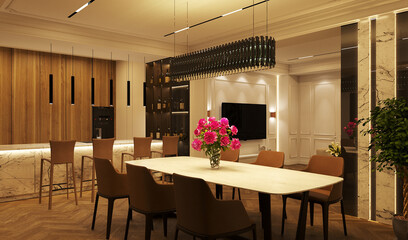 Design of a modern apartment with evening lighting. 3D visualization. Light in the interior