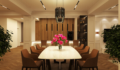Design of a modern apartment with evening lighting. 3D visualization. Light in the interior