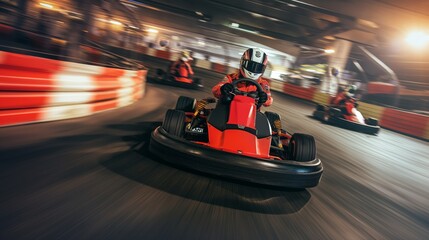 Action-packed image of a go-kart racer sharply cornering on an indoor racing track with motion blur