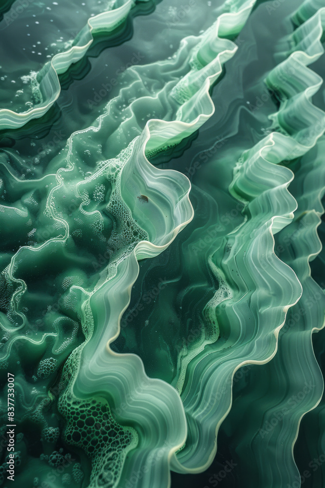 Poster An abstract design of linear waves in shades of green and turquoise, forming an elegant and fluid pattern,