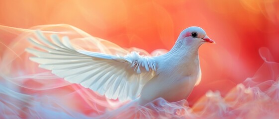 White dove gracefully soaring in vibrant orange and pink background, symbolizing peace and freedom, captured in high definition photography.