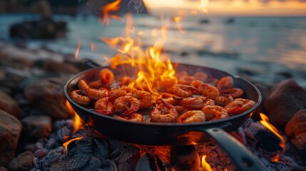 A close-up image of shrimp being cooked in a pan over an open fire by the beach during sunset, highlighting the flames and seafood