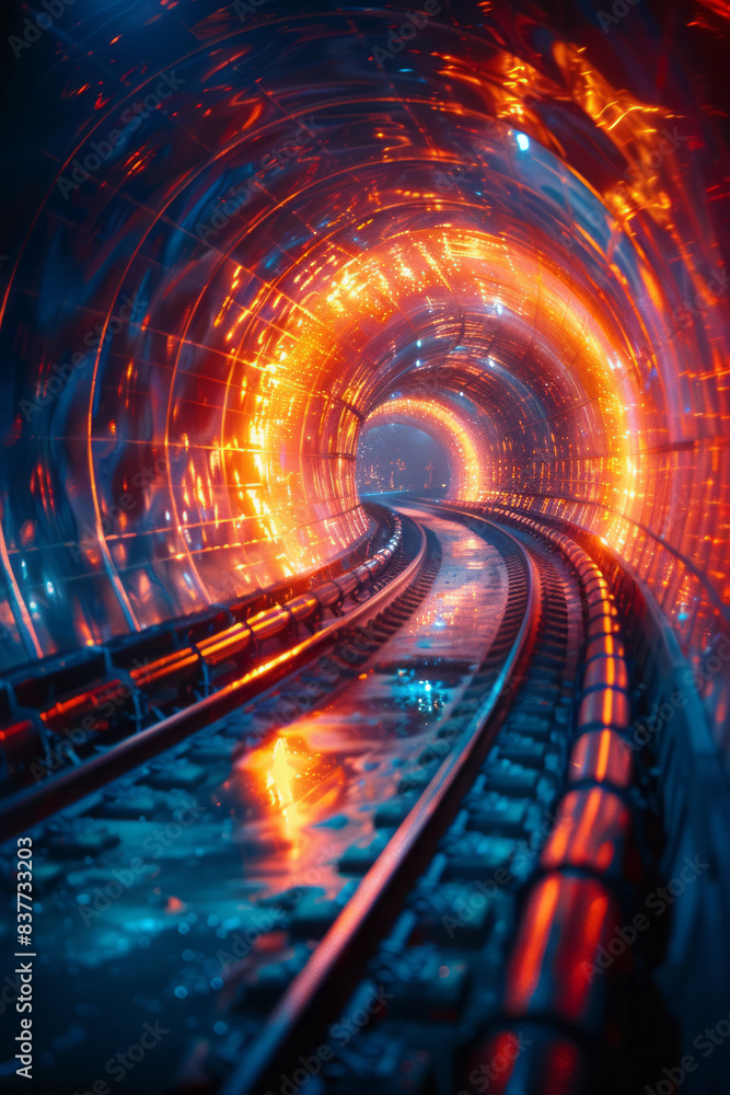 Poster An abstract representation of a wormhole made of swirling neon lights, pulling the viewer into a high-speed journey through space,