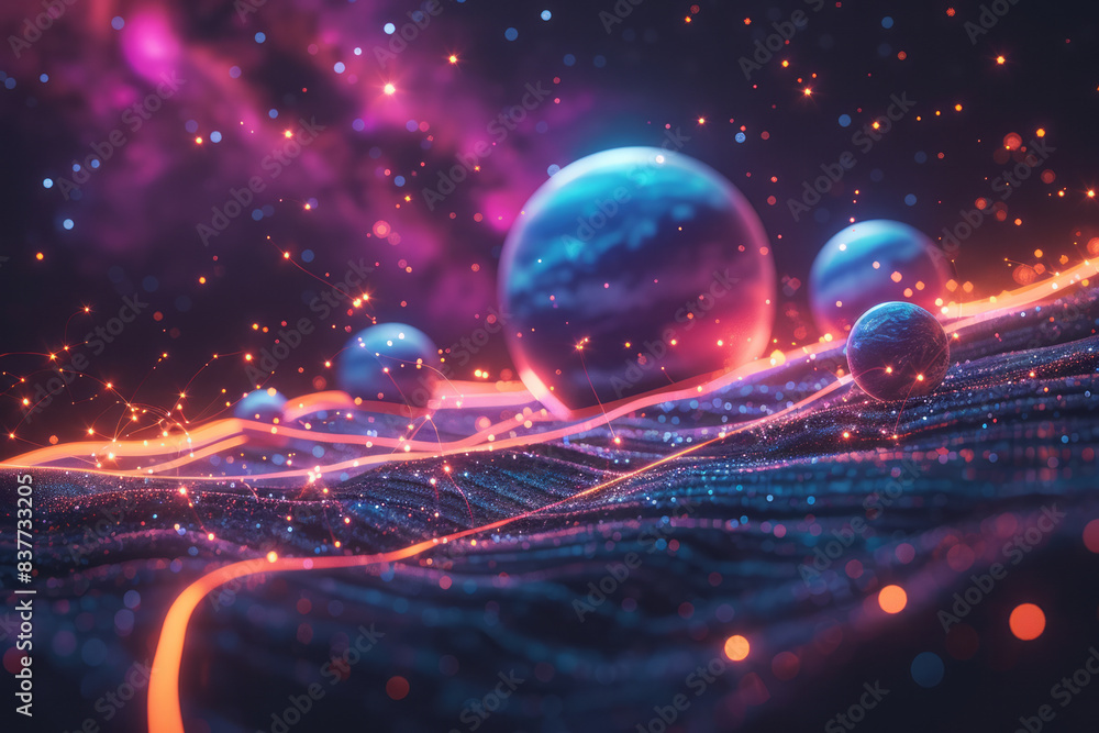 Aufkleber neon planets and stars connected by glowing lines, creating a vibrant and dynamic cosmic map,