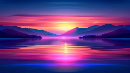 Fototapeta premium Vibrant sunset over a serene lake surrounded by mountains, creating a picturesque and colorful landscape in a tranquil setting.