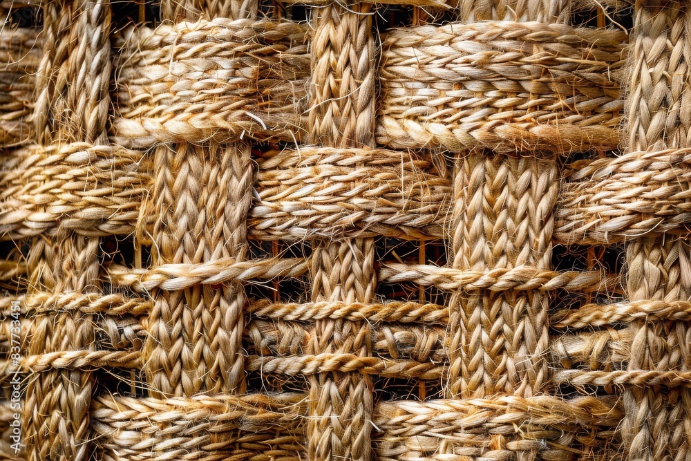 Aufkleber close-up of a textured woven pattern made of natural fibers, showcasing intricate design and craftsm