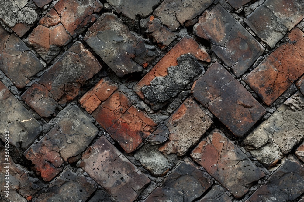 Poster close-up of a weathered brick wall with various shades of red and gray, displaying a rustic, texture