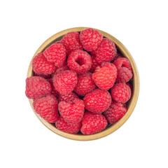 Red Raspberries in Wood Bowl on Transparent Background Isolated, Top View