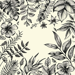 Fototapeta premium Botanical drawing featuring variety tropical plants flowers. Monochrome sketch showcasing detailed leaves, fronds, florals. Vintage botanical art ideal wallpaper, fabric design