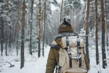 Fototapeta premium Woman traveler in winter warm jacket and rucksack walking in snowy winter pine forest. Winter travel concept.