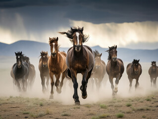 Majestic Wild Horses Galloping on Dusty Plains