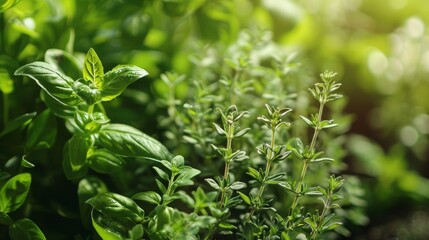 Obraz premium Close-up of fresh green herbs growing in a garden bathed in warm sunlight, ideal for culinary and natural lifestyle concepts.