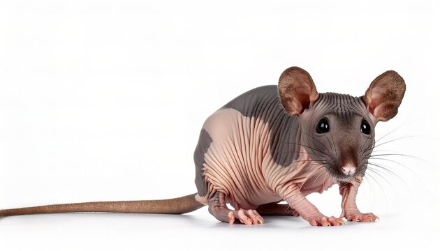 The decorative hairless rat has become hairless due to a genetic mutation. This mutation results in the rats thymus gland not fully forming, isolated on a white background and looks at the camera.