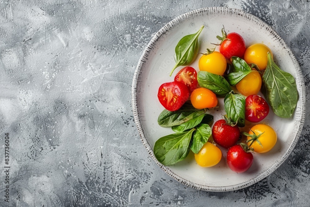 Wall mural Vegetables healthy salad with red and yellow cherry tomatoes, pepper and green salad leafs on white rustic ceramic plate on gray concrete background top view, healthy food and diet concept, copy space