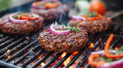 Fototapeta premium Close-up of juicy burgers grilling on a barbecue with fresh vegetables and herbs, perfect for summer BBQs and outdoor cooking enthusiasts.