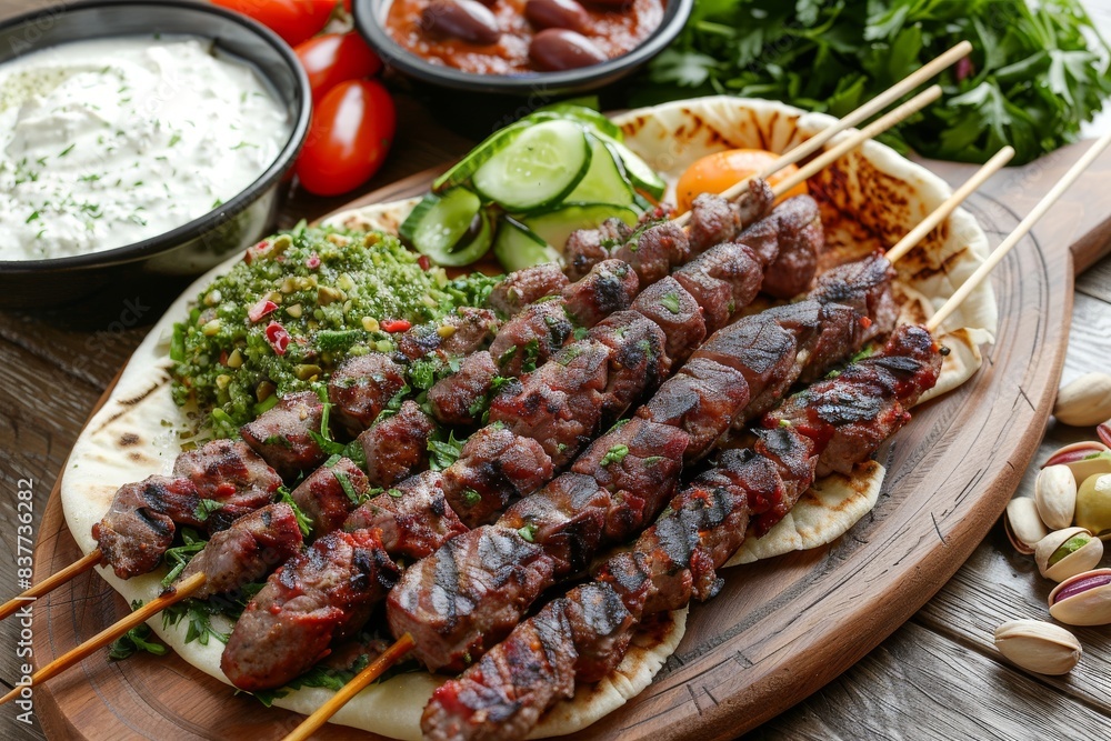 Wall mural Various Turkish dishes: meat kebab with tabbouleh salad, falafel, hummus, olives, pistachios and other Middle Eastern meze on wooden table top view. Ethnic arab food, cuisine of Turkey