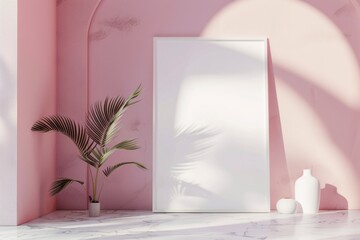 Close-up layout of poster frame in empty interior, 3d visualization, Mauve background