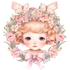 Fototapeta premium A cute girl pastel flower wreath, watercolor painting texture, Perfect for nursery art and children's book illustration style