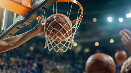 A basketball falls through a hoop during a game, capturing the moment of scoring in a brightly lit gym
