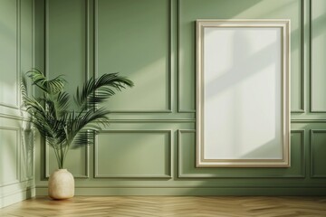 Close-up layout of poster frame in empty interior, 3d visualization, Olive background.
