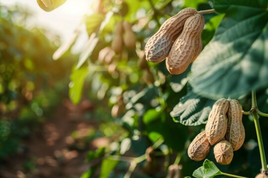 Close-up of peanut grow in a field with close, closeup, sunlight, agricultural.