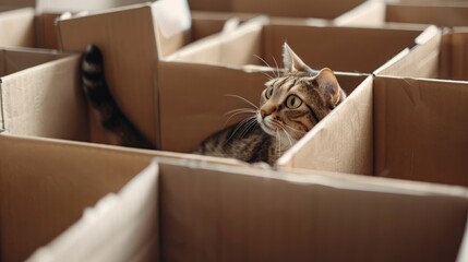 A curious cat explores a cardboard box maze, tail twitching with excitement