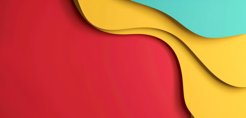 Abstract background with wavy layers in red, yellow, and teal creating a dynamic, colourful design.