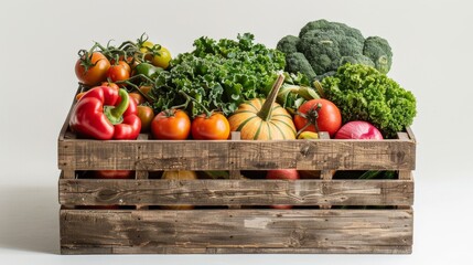 A wooden crate filled with various fresh vegetables including tomatoes, broccoli, bell peppers, and leafy greens, all arranged on a light background.