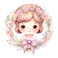 Fototapeta premium A cute girl pastel flower wreath, watercolor painting texture, Perfect for nursery art and children's book illustration style