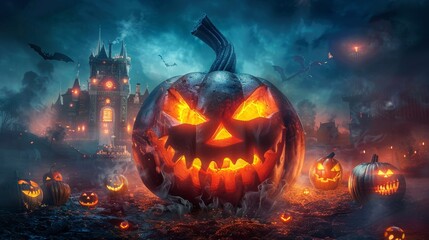 Smiling pumpkin head with an eerie grin, mysterious and formidable, set against a Halloween castle with spooky decorations and fog