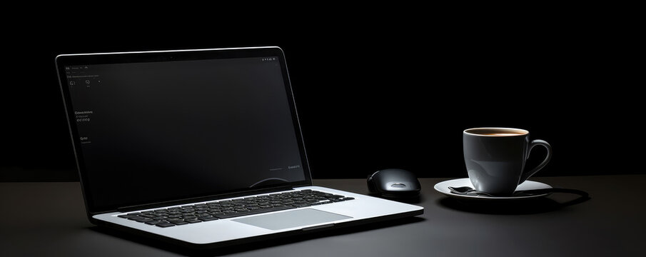 Sleek Laptop Setup with Coffee on Dark Background