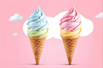 rainbow ice cream on colorful pastel background.
