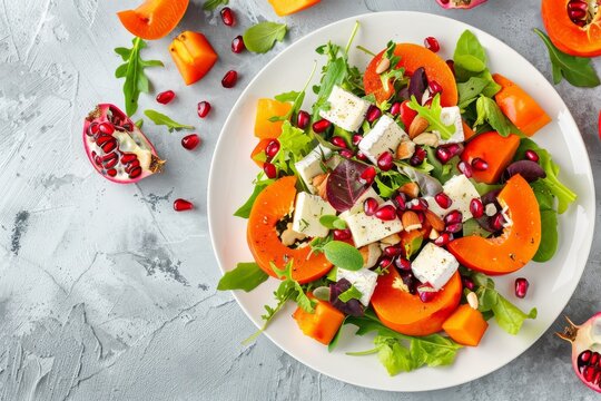 Top view flat lay persimmon salad with brie cheese, fresh salad leaves, pomegranate seeds on white plate and stone gray background, seasonal fruit salad as appetizer, vegetarian healthy food