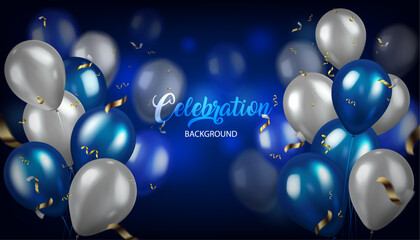 blue and white color glowing balloons flying the dark blue background,vector illustration celebration concept banner, birthday and anniversary and others celebration concept backdrop element.