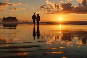 Fototapeta premium Silhouette of couple on the beach at sunset
