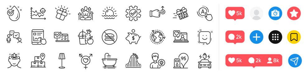 Seo analysis, Piggy bank and Delivery service line icons pack. Social media icons. No burger, Floor lamp, Service web icon. Petrol station, Bath, Internet report pictogram. Vector