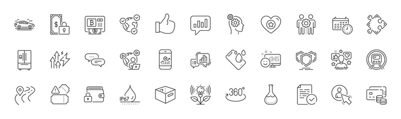 Smartphone waterproof, Lock and Metro subway line icons. Pack of User, Money, Bitcoin atm icon. Full rotation, Dots message, Employees teamwork pictogram. Private payment. Line icons. Vector