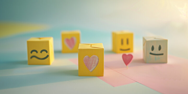Customer Satisfaction: valutazione del cliente. Sondaggio di soddisfazione. Cubetti con faccine per la customer satisfaction.
