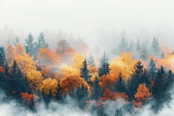 Forest scenic viewpoint, autumn foliage, misty morning close up, focus on, copy space Double exposure silhouette with vibrant trees