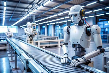 A photo of a sleek, modern robot performing a task, such as assembling products on a conveyor belt or interacting with humans, highlighting the practical applications of AI in robotics