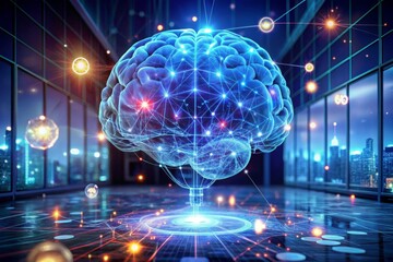 An image of an AI brain with an augmented reality (AR) interface overlay, showing interactive elements and data visualization, symbolizing advanced technology and innovation