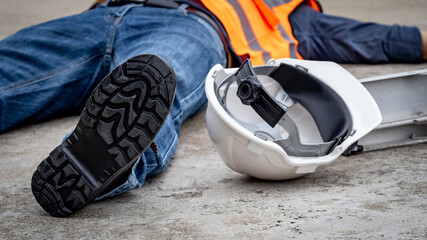 Accident and injury on a construction site. Safety first concept. Male worker lying down...