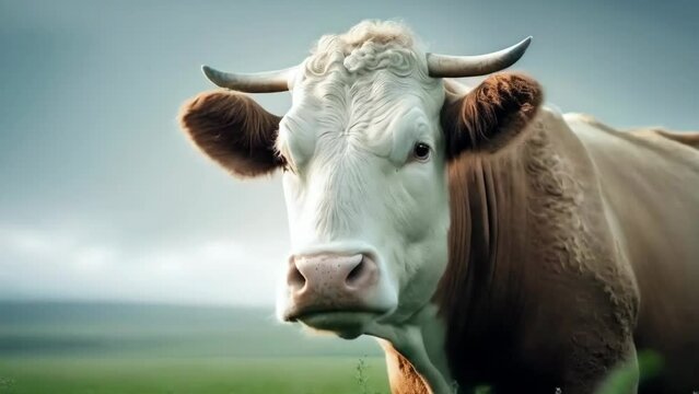 Domestic cow in pasture in green field nature landscape -- 4k new stock video footage animation design AI