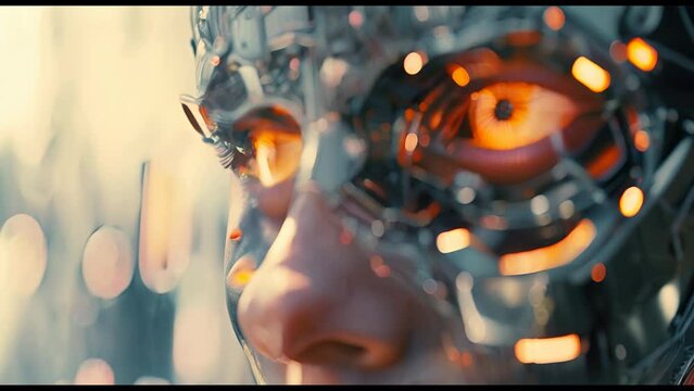 A woman's face is shown with a glowing orange eye. The eye is surrounded by a metallic mask, giving the impression of a futuristic, robotic appearance. Scene is one of mystery and intrigue