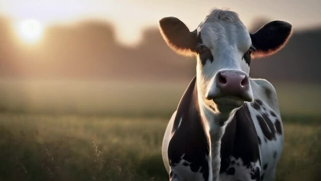 Domestic cow in pasture in green field nature landscape -- 4k new stock video footage animation design AI