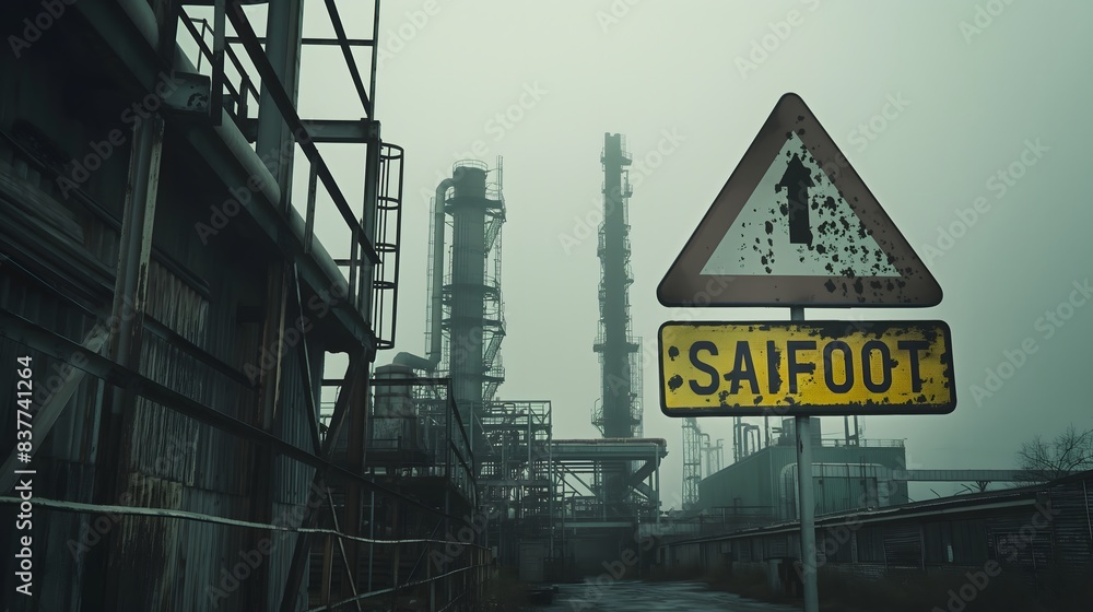 Poster 8. visualize the safety precaution signs standing tall against the backdrop of towering industrial s
