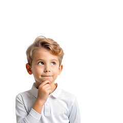 Portrait of a thinking young boy isolated on white background