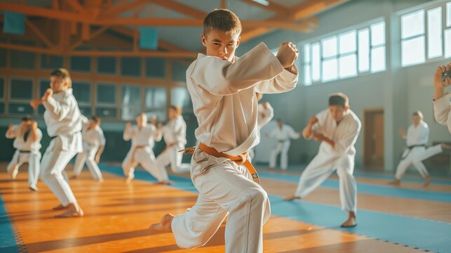 A group of young students in white karate uniforms practice high kicks in a dojo setting