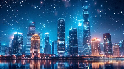 Fototapeta premium Futuristic Metropolis with Holographic Skyscrapers Under Starry Night Sky